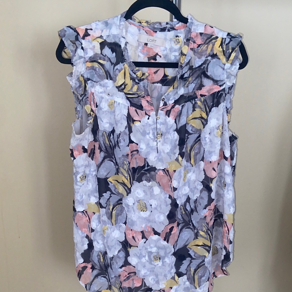 LOFT Floral Ruffle Sleeve Blouse - Pink, Yellow, Gray